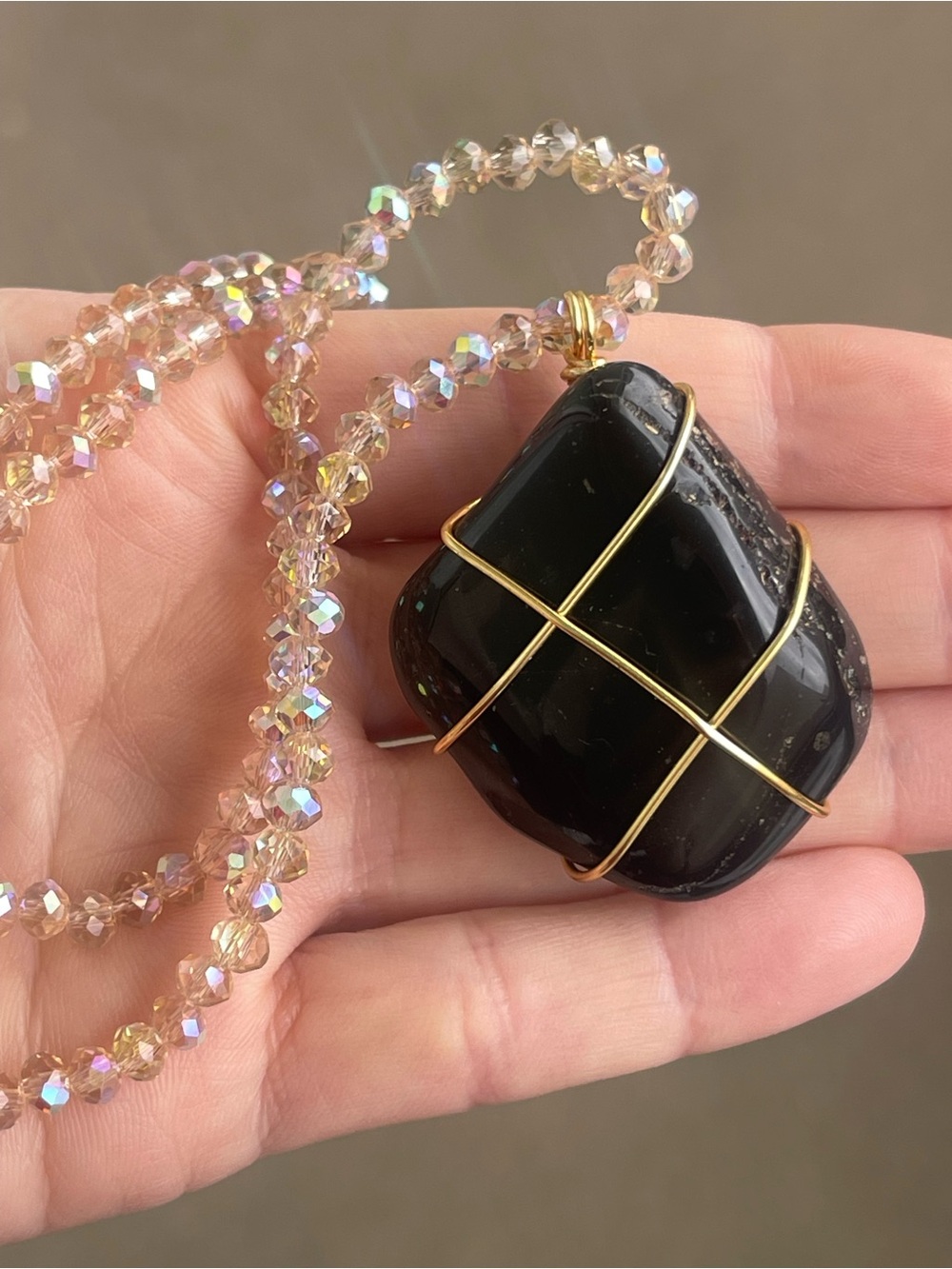 Black Onyx Gold Tone Wire Wrap on Champagne Glass Beaded Chain Handmade